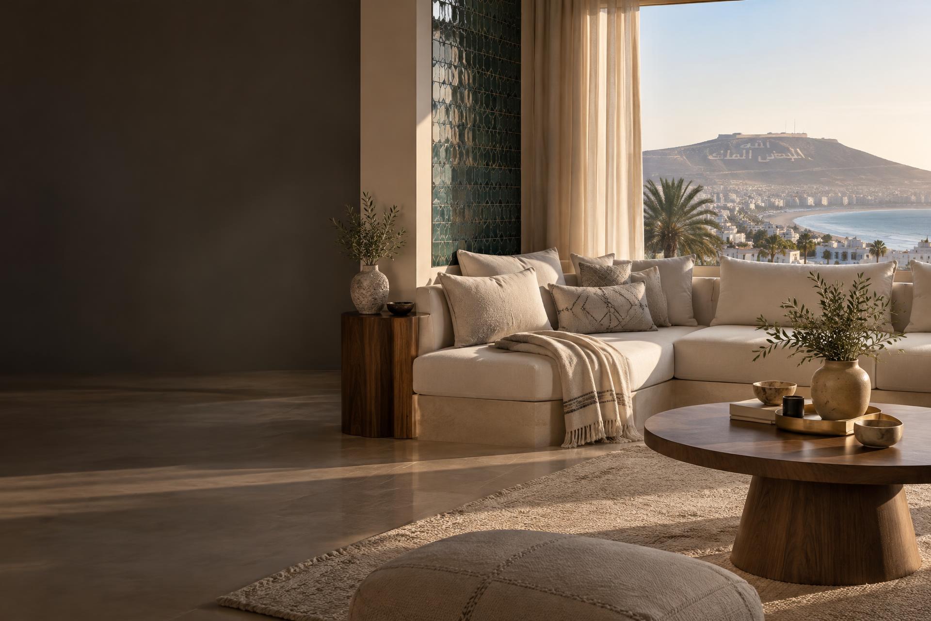 Salon marocain contemporain prêt à vivre avec vue sur Agadir